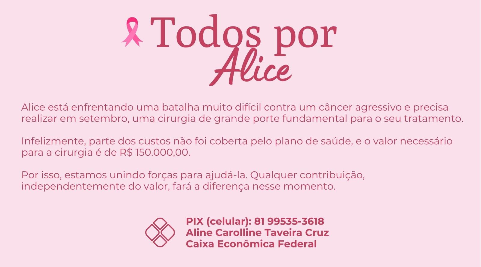 Cartaz Todos por Alice com informações da campanha e PIX
